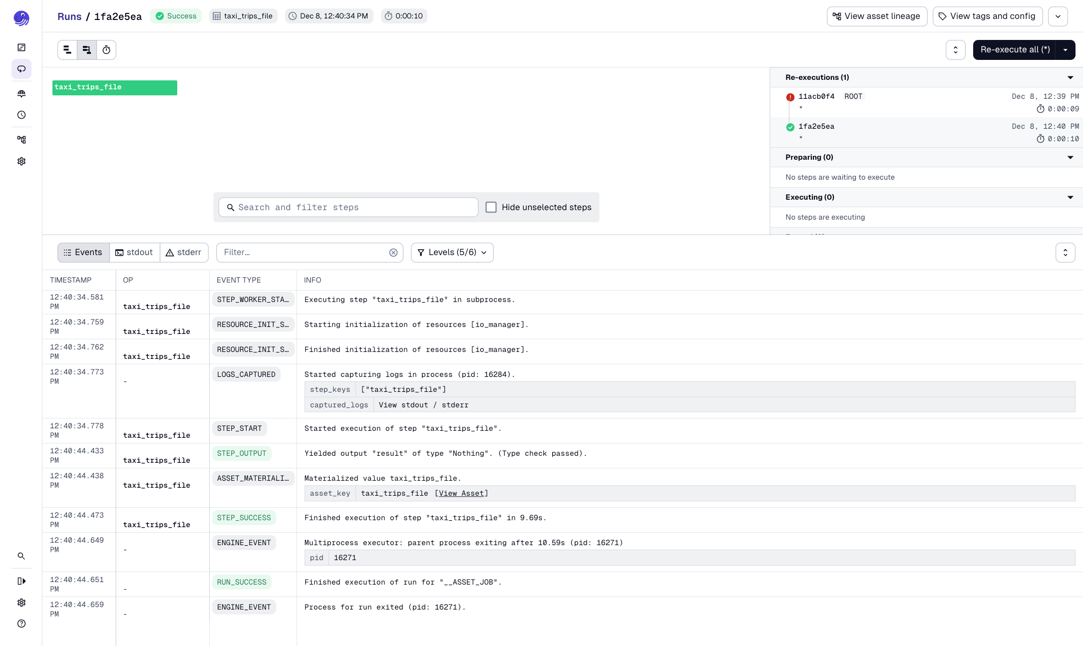 Successful run details page after the re-execution