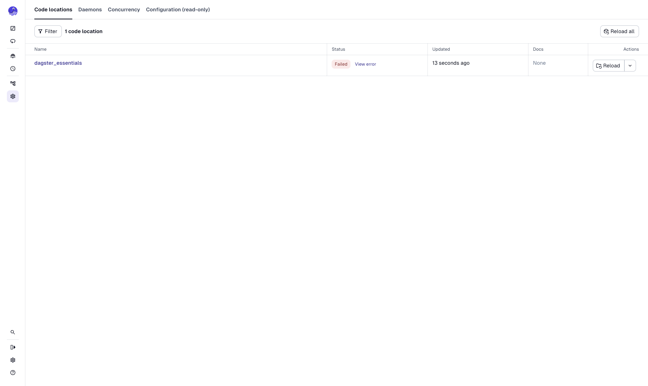Code locations will have a status of Failed if there's an issue